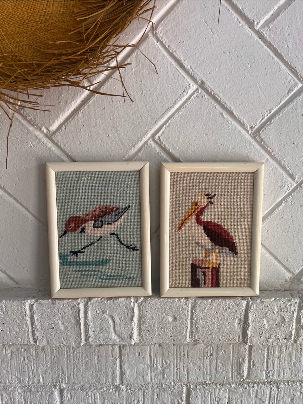 Vintage Set of Sweet Framed Needlepoint Beach Birds 5”x7” Professionally Framed